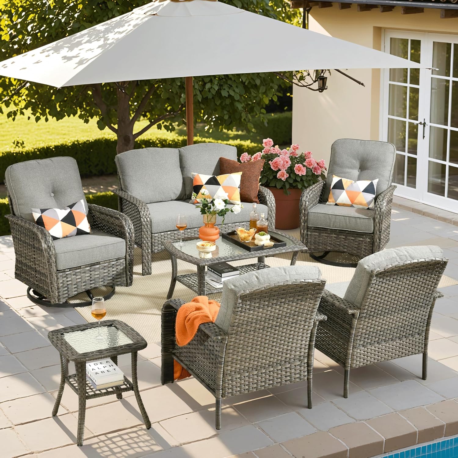 ovios 2 Pieces Patio Furniture Set, Outdoor Wicker Chairs of 2, All Weather High Back Rattan Chairs 2-Seater with Comfy Cushions for Porch Deck, Denim Blue