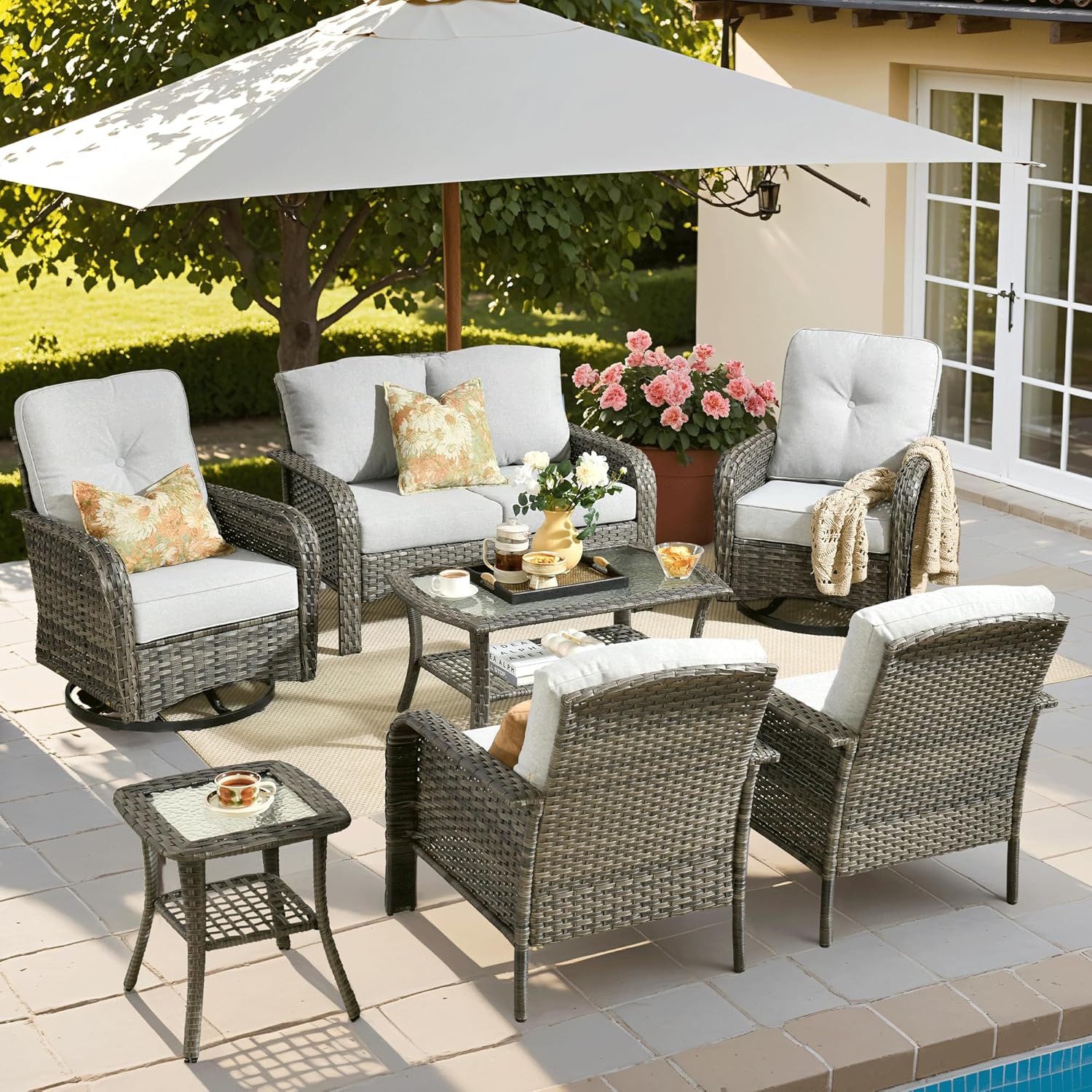 ovios 2 Pieces Patio Furniture Set, Outdoor Wicker Chairs of 2, All Weather High Back Rattan Chairs 2-Seater with Comfy Cushions for Porch Deck, Denim Blue
