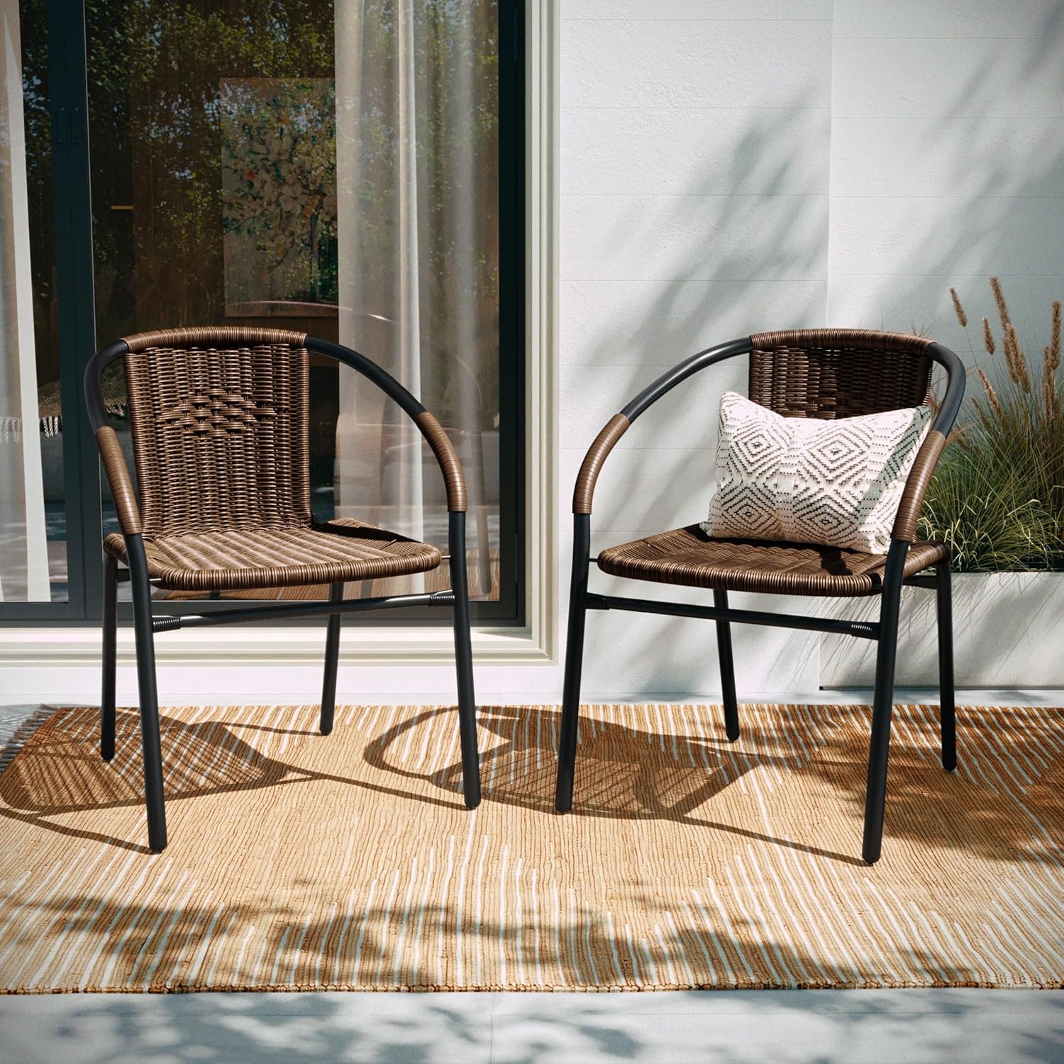 EMMA + OLIVER Set of 2 Modern Rattan Indoor/Outdoor Stack Chairs, Stacking Rattan Patio Chairs with Curved Back and Cross Bracing, Brown
