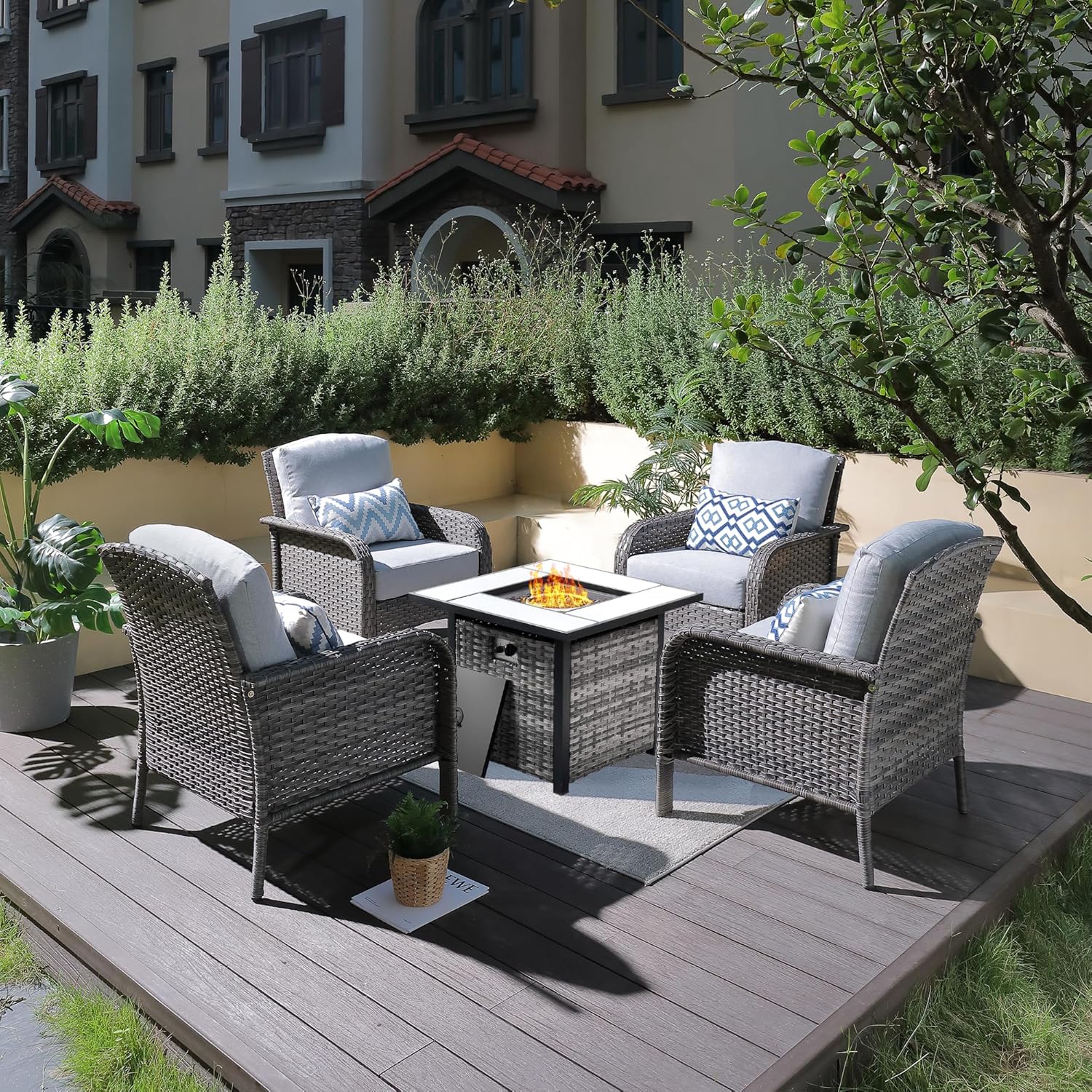 ovios 2 Pieces Patio Furniture Set, Outdoor Wicker Chairs of 2, All Weather High Back Rattan Chairs 2-Seater with Comfy Cushions for Porch Deck, Denim Blue