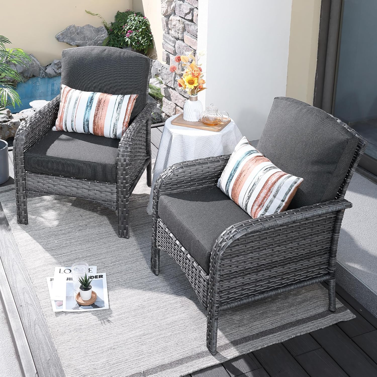 ovios 2 Pieces Patio Furniture Set, Outdoor Wicker Chairs of 2, All Weather High Back Rattan Chairs 2-Seater with Comfy Cushions for Porch Deck, Denim Blue
