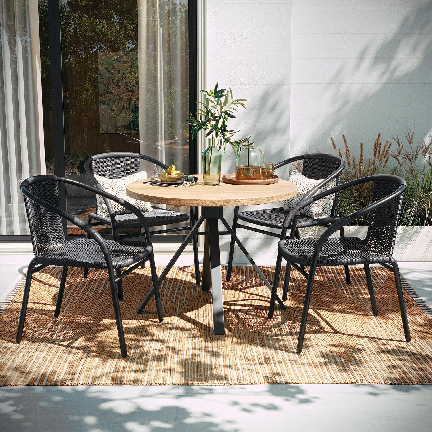 EMMA + OLIVER Set of 2 Modern Rattan Indoor/Outdoor Stack Chairs, Stacking Rattan Patio Chairs with Curved Back and Cross Bracing, Brown