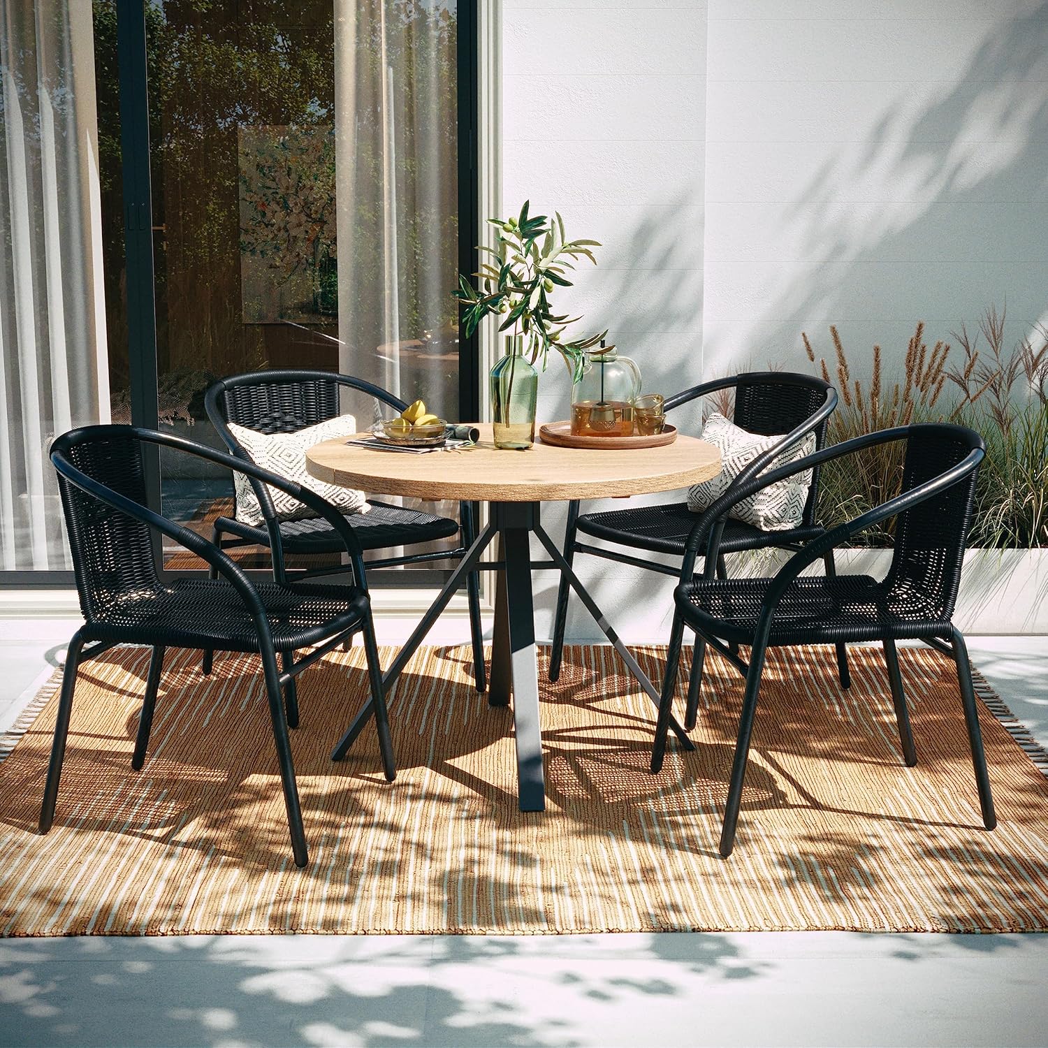 EMMA + OLIVER Set of 2 Modern Rattan Indoor/Outdoor Stack Chairs, Stacking Rattan Patio Chairs with Curved Back and Cross Bracing, Brown