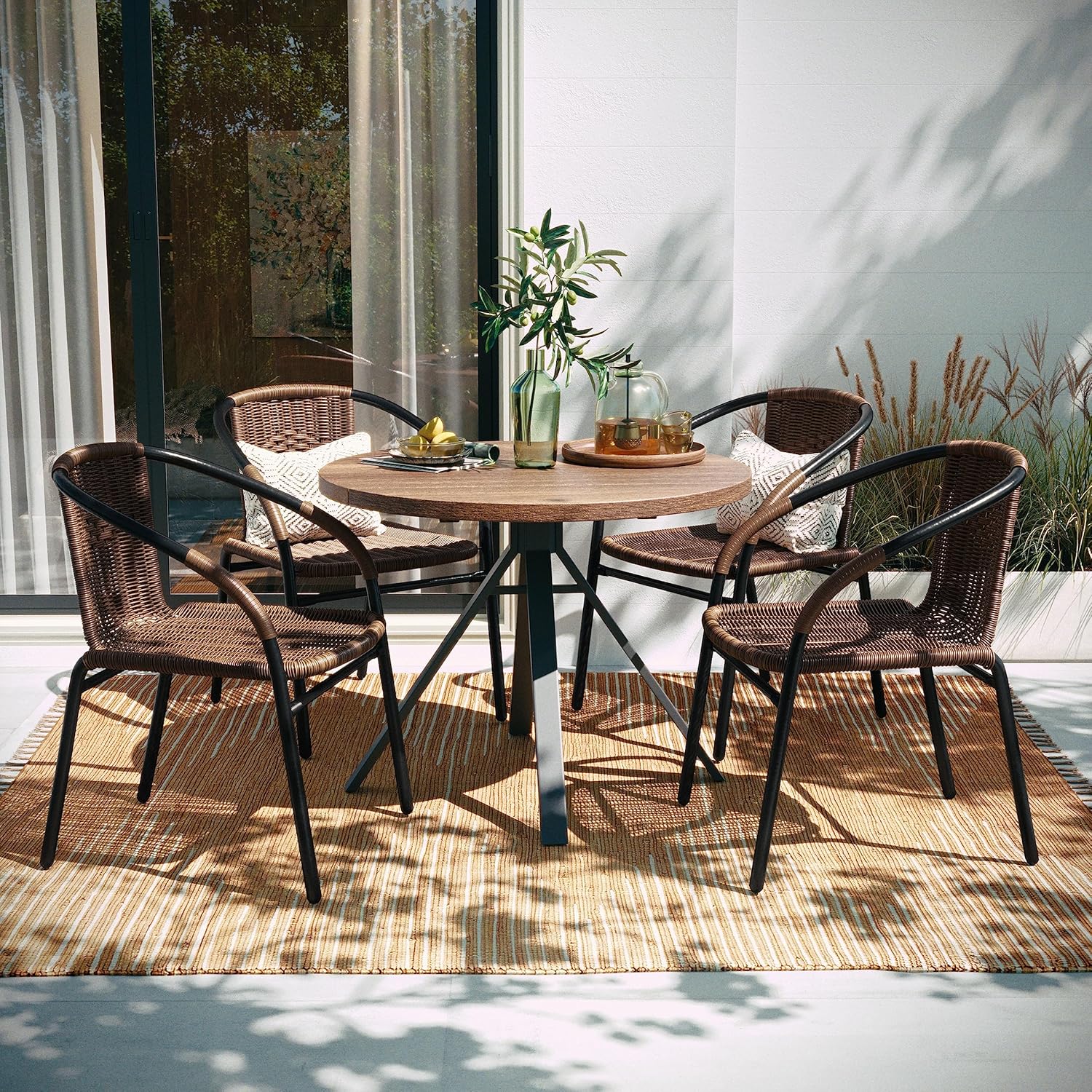 EMMA + OLIVER Set of 2 Modern Rattan Indoor/Outdoor Stack Chairs, Stacking Rattan Patio Chairs with Curved Back and Cross Bracing, Brown